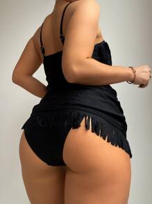 SHEIN Swim 單色坦基尼套裝流蘇下擺泳衣洋裝附比基尼下裝2入組泳衣 - 黑色 - 查看 5