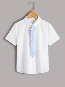 SHEIN Boys Solid Button Front Shirt & Tie - White - View 1