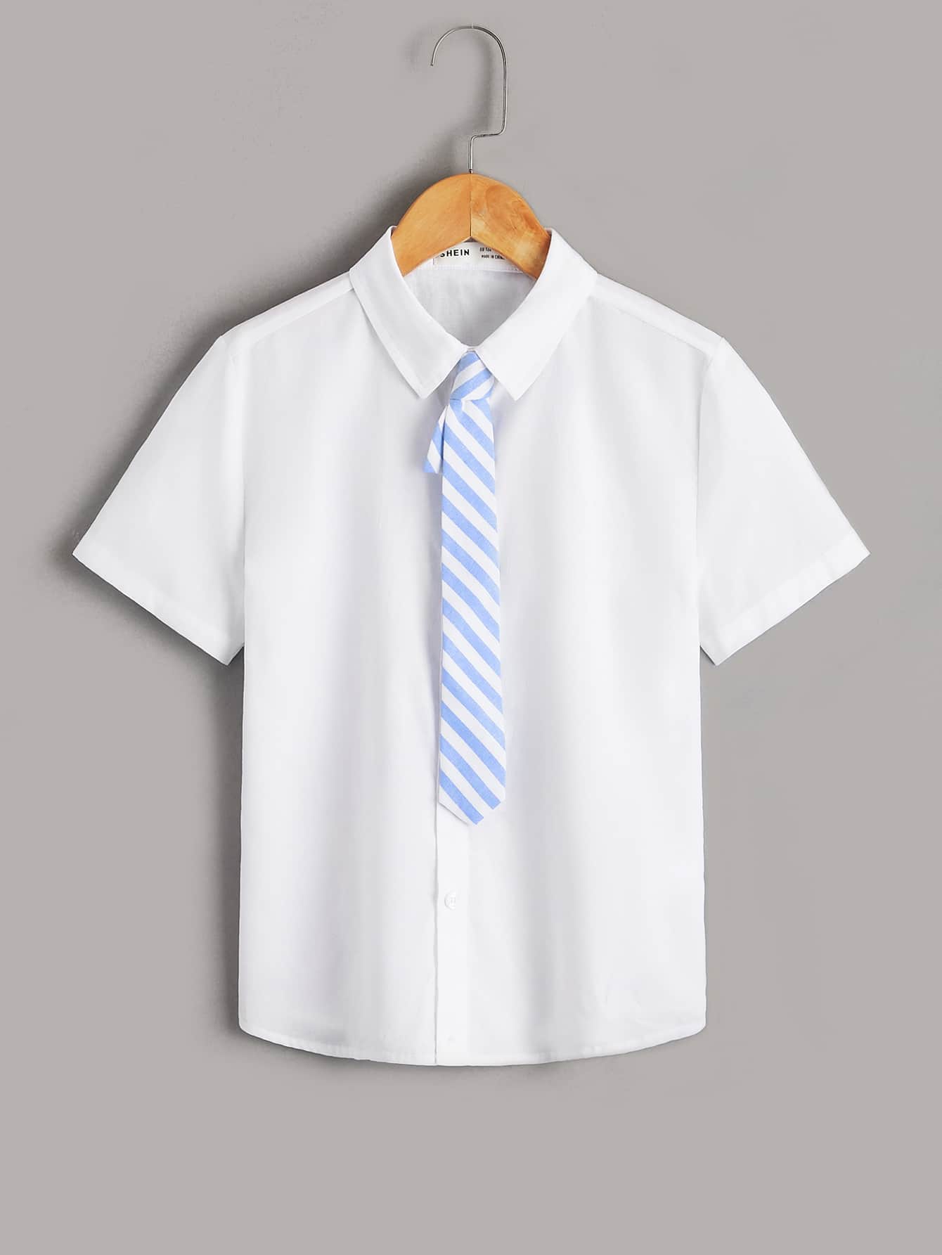 SHEIN Boys Solid Button Front Shirt & Tie - White - View 1