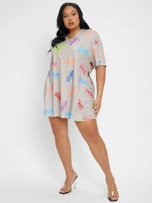 SHEIN EZwear Plus Letter Graphic Drop Shoulder Split Side Tee & Cycling Shorts - Multicolor - View 3