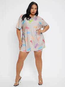 SHEIN EZwear Plus Letter Graphic Drop Shoulder Split Side Tee & Cycling Shorts - Multicolor - View 4