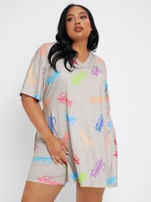 SHEIN EZwear Plus Letter Graphic Drop Shoulder Split Side Tee & Cycling Shorts - Multicolor - View 5