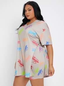 SHEIN EZwear Plus Letter Graphic Drop Shoulder Split Side Tee & Cycling Shorts - Multicolor - View 6