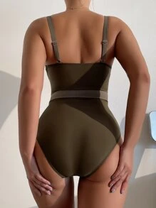 Color Block Push Up One Piece Swimsuit, For Summer Beach Vacation - Mocha Brown - View 2