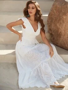 YISIKADO 系带露背短袖镂空长款夏季连衣裙海滩女士连衣裙节日度假音乐节 - 白色 - 查看 1