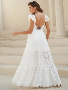 YISIKADO 系带露背短袖镂空长款夏季连衣裙海滩女士连衣裙节日度假音乐节 - 白色 - 查看 2