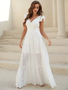 YISIKADO 系带露背短袖镂空长款夏季连衣裙海滩女士连衣裙节日度假音乐节 - 白色 - 查看 3