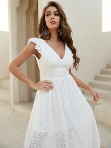 YISIKADO 系带露背短袖镂空长款夏季连衣裙海滩女士连衣裙节日度假音乐节 - 白色 - 查看 5