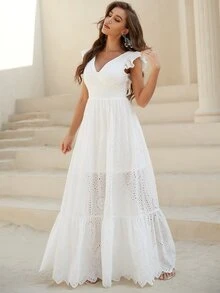 YISIKADO 系带露背短袖镂空长款夏季连衣裙海滩女士连衣裙节日度假音乐节 - 白色 - 查看 6