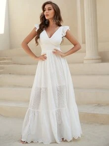 YISIKADO 系带露背短袖镂空长款夏季连衣裙海滩女士连衣裙节日度假音乐节 - 白色 - 查看 7