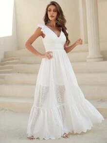 YISIKADO 系带露背短袖镂空长款夏季连衣裙海滩女士连衣裙节日度假音乐节 - 白色 - 查看 8