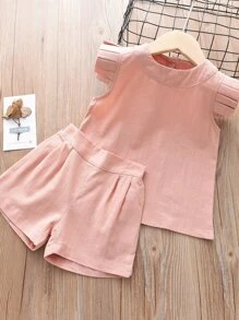 Bộ thời trang bé gái Xù màu trơn Giải trí - Bụi hồng - Xem 1