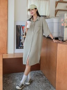 DAZY 落肩袖口袋貼布襯衫連衣裙 - 軍綠色 - 查看 1