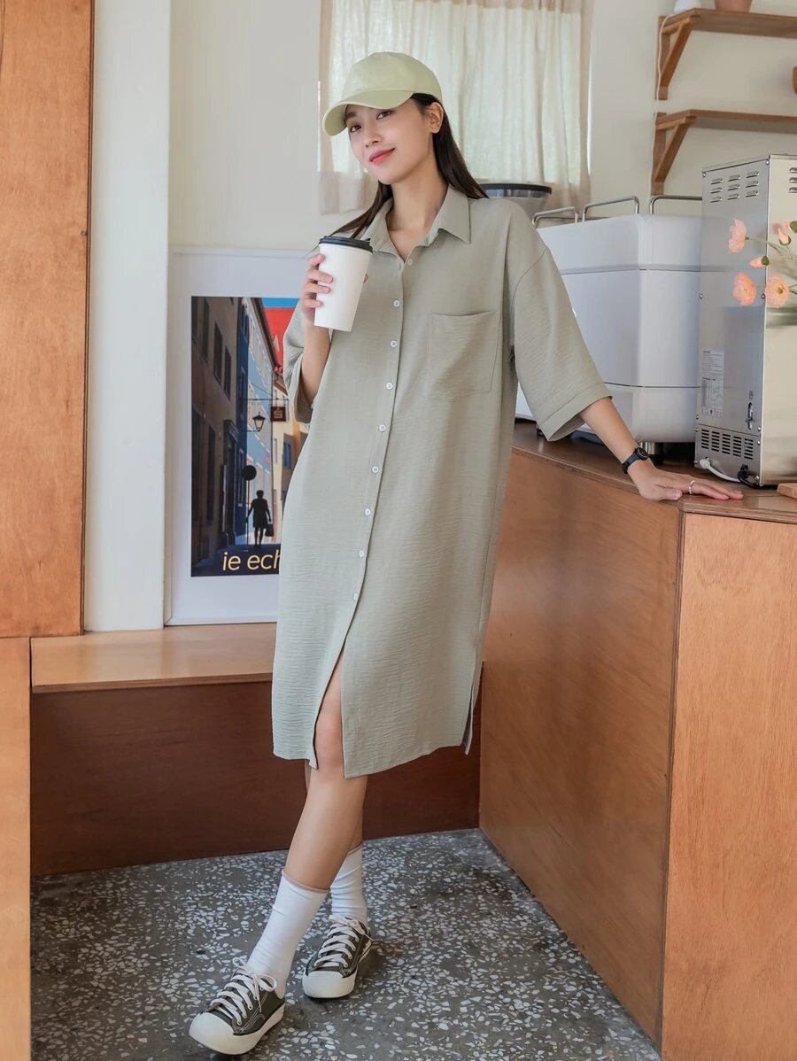 DAZY 落肩袖口袋貼布襯衫連衣裙 - 軍綠色 - 查看 1