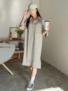 DAZY 落肩袖口袋貼布襯衫連衣裙 - 軍綠色 - 查看 3