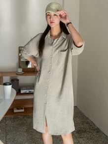 DAZY 落肩袖口袋貼布襯衫連衣裙 - 軍綠色 - 查看 4