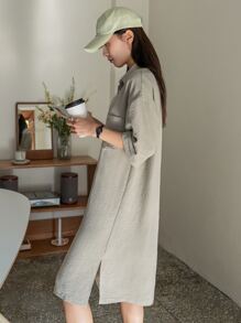 DAZY 落肩袖口袋貼布襯衫連衣裙 - 軍綠色 - 查看 5