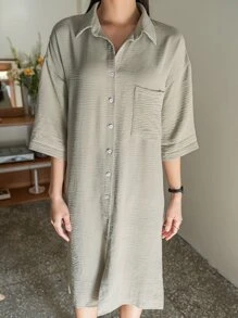 DAZY 落肩袖口袋貼布襯衫連衣裙 - 軍綠色 - 查看 6