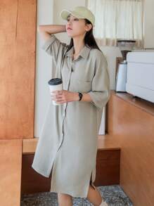 DAZY 落肩袖口袋貼布襯衫連衣裙 - 軍綠色 - 查看 7