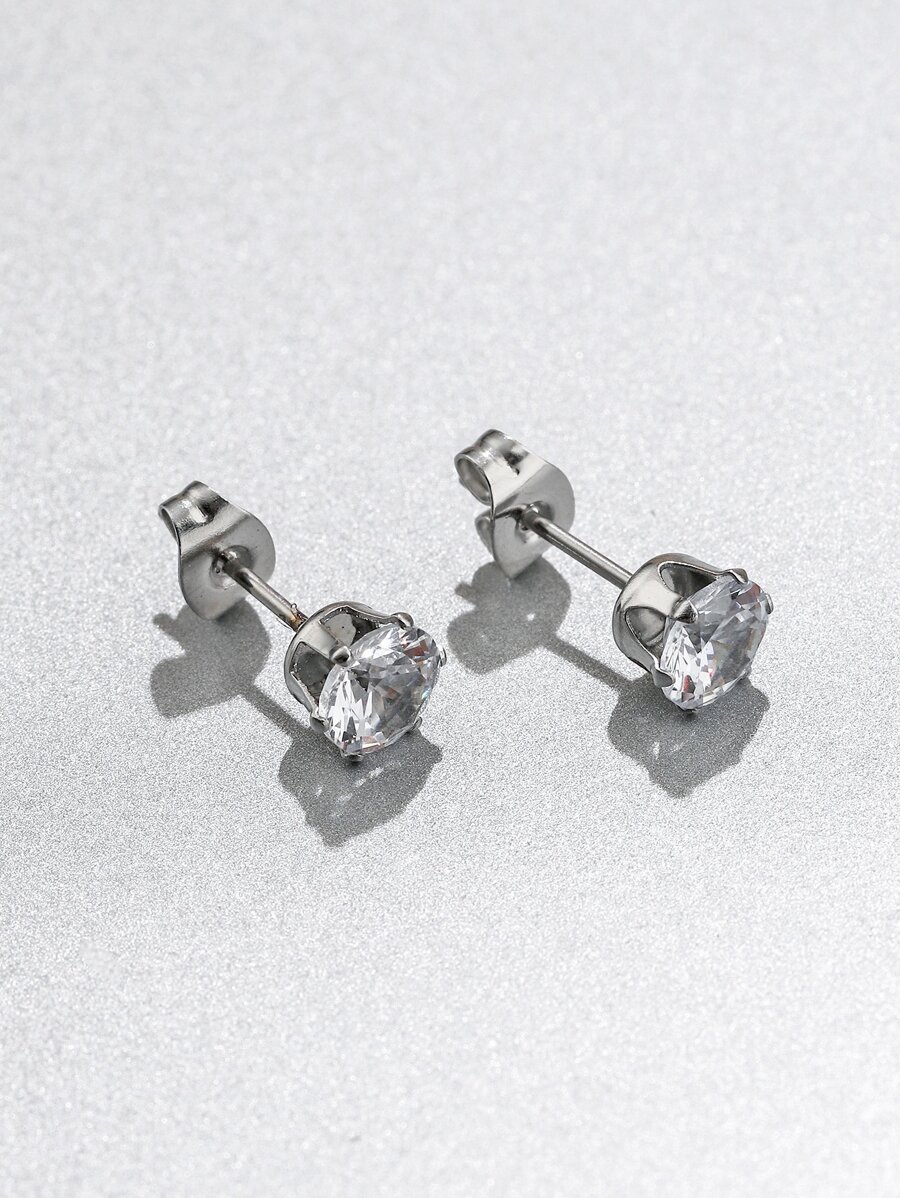 Fashionable and Popular Men Round Cubic Zirconia Stud Earrings Stainless Steel Punk Hip Pop Style for Jewelry Gift and for a Stylish Look - Silver - View 1