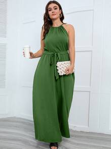 SHEIN Unity Plus Halter Neck Belted Wide Leg Jumpsuit - Green - View 1