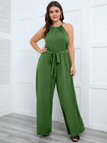 SHEIN Unity Plus Halter Neck Belted Wide Leg Jumpsuit - Green - View 4