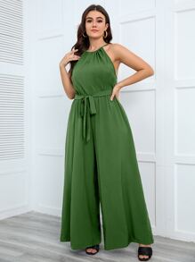 SHEIN Unity Plus Halter Neck Belted Wide Leg Jumpsuit - Green - View 6