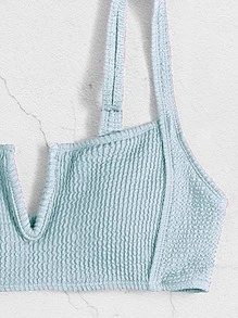 Conjunto de bikini texturizado con parte superior con aros en V y Bottom de cintura alta, 2 piezas, bikini de verano para la playa - Azul menta - Ver 4