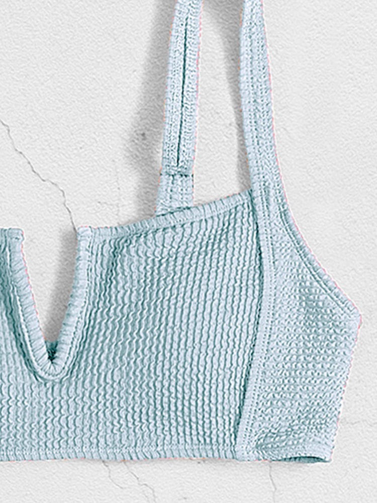 Textured Bikini Set V Wired Top & High Waist Bottom 2 Pieces Bikini Summer Beach - Mint Blue - View 4
