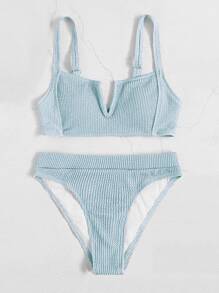 Conjunto de bikini texturizado con parte superior con aros en V y Bottom de cintura alta, 2 piezas, bikini de verano para la playa - Azul menta - Ver 5