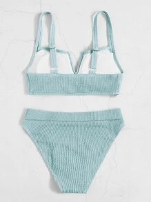 Conjunto de bikini texturizado con parte superior con aros en V y Bottom de cintura alta, 2 piezas, bikini de verano para la playa - Azul menta - Ver 6