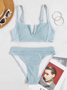 Conjunto de bikini texturizado con parte superior con aros en V y Bottom de cintura alta, 2 piezas, bikini de verano para la playa - Azul menta - Ver 7