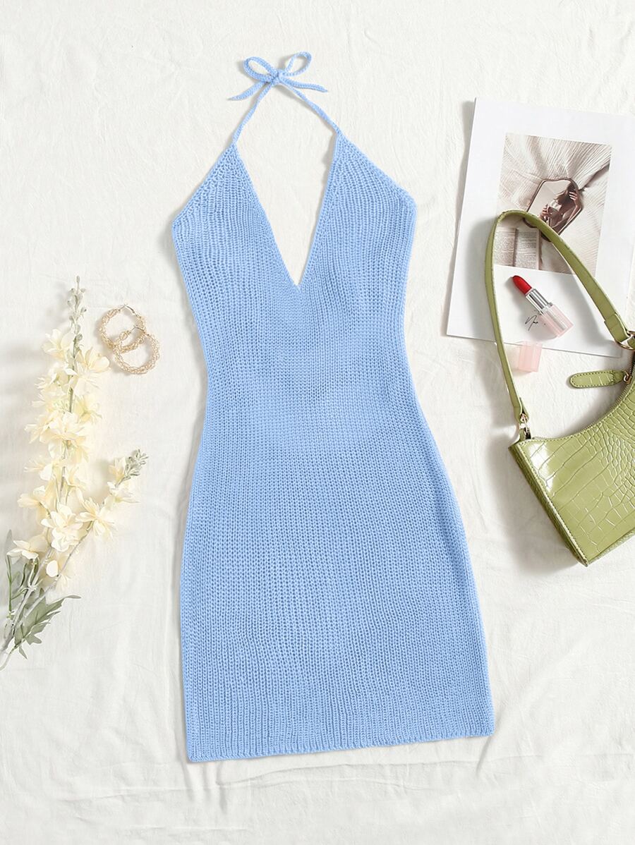 SHEIN Essnce 後背繫帶素色毛衣洋裝 - 淺藍色 - 查看 1