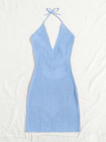 SHEIN Essnce 後背繫帶素色毛衣洋裝 - 淺藍色 - 查看 4