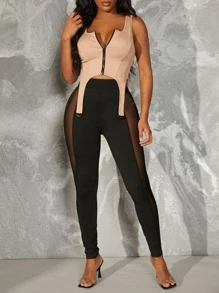 SHEIN SXY Mallas De Cintura Alta Con Inserciones De Malla - Negro - Ver 4