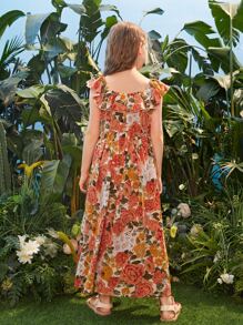 SHEIN Tween Girl Allover Floral Print Ruffle Trim Dress - Multicolor - View 3