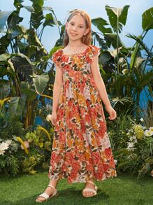 SHEIN Tween Girl Allover Floral Print Ruffle Trim Dress - Multicolor - View 1