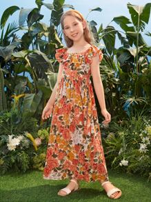 SHEIN Tween Girl Allover Floral Print Ruffle Trim Dress - Multicolor - View 4