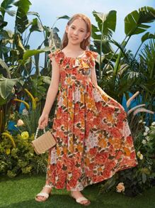 SHEIN Tween Girl Allover Floral Print Ruffle Trim Dress - Multicolor - View 5
