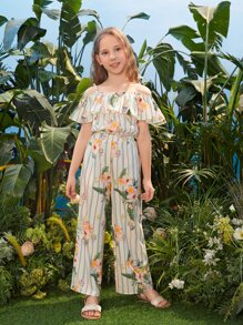 SHEIN Bộ hai mảnh Gái Cắt ra Xù Hoa Sọc Boho - Nhiều màu - Xem 2