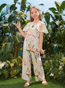 SHEIN Bộ hai mảnh Gái Cắt ra Xù Hoa Sọc Boho - Nhiều màu - Xem 1