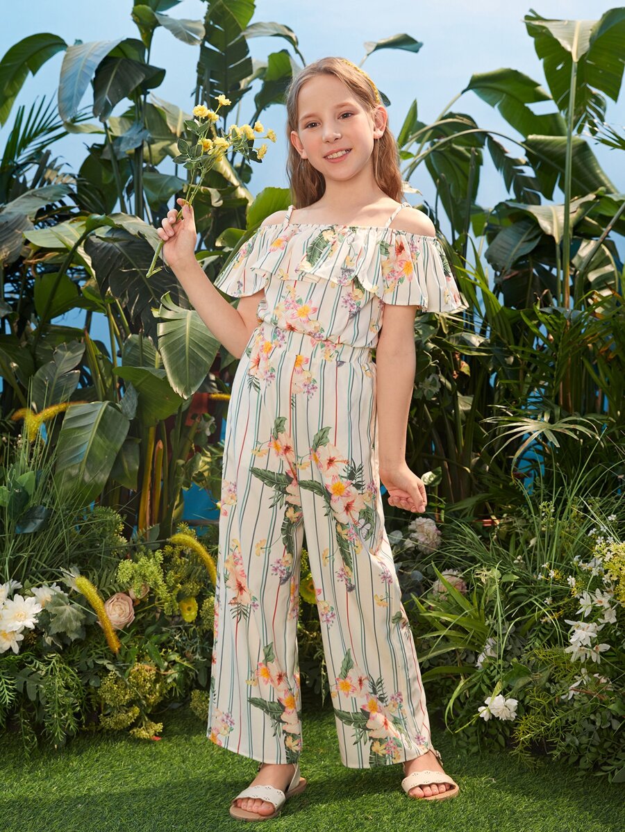 SHEIN Bộ hai mảnh Gái Cắt ra Xù Hoa Sọc Boho - Nhiều màu - Xem 1