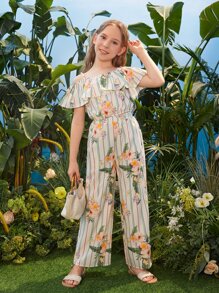 SHEIN Bộ hai mảnh Gái Cắt ra Xù Hoa Sọc Boho - Nhiều màu - Xem 4