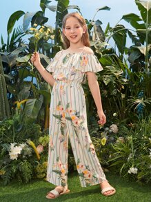 SHEIN Bộ hai mảnh Gái Cắt ra Xù Hoa Sọc Boho - Nhiều màu - Xem 5