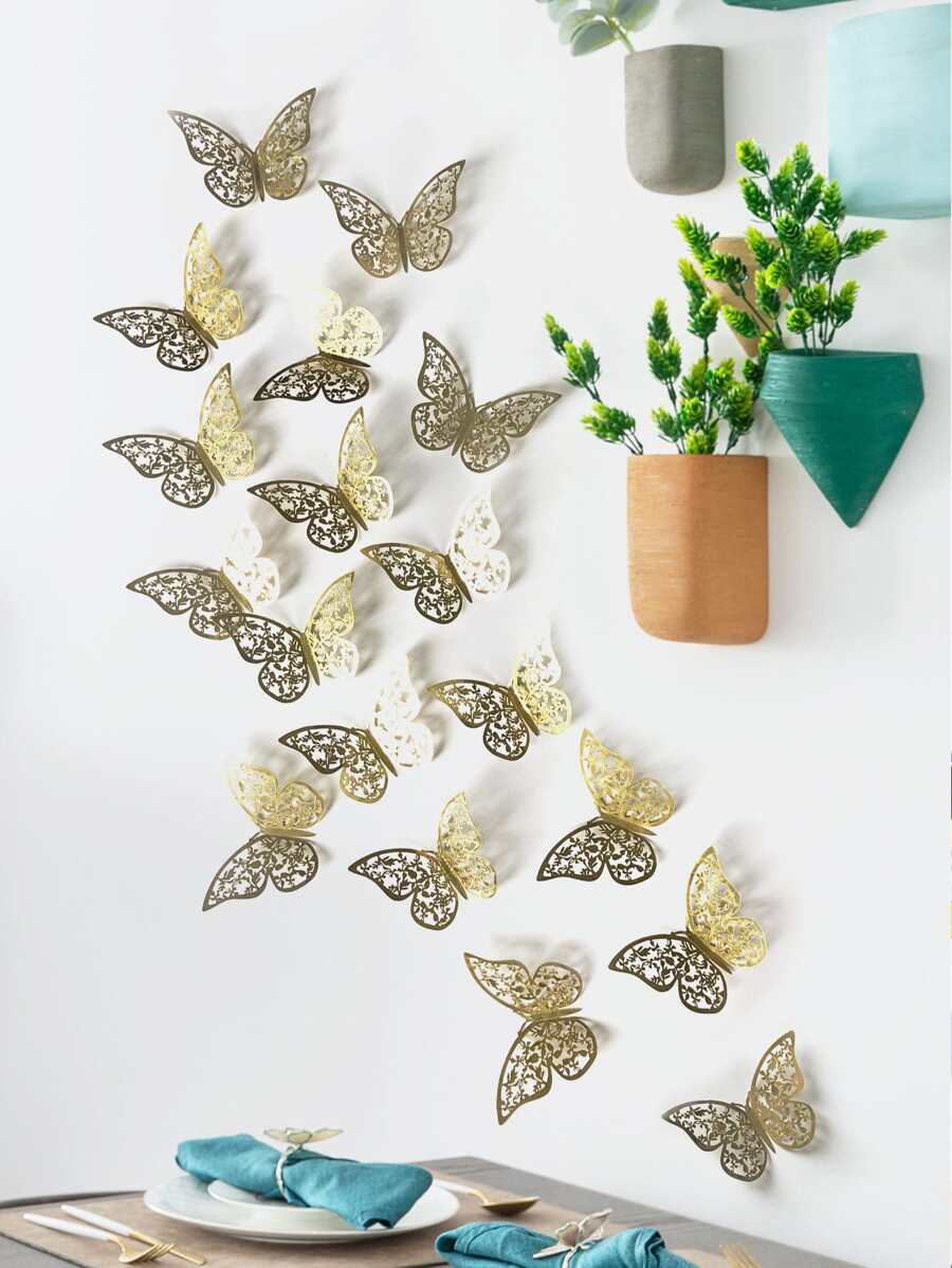 12入組3D貼紙鏤空蝴蝶適用於兒童家庭墻面裝飾DIY冰箱貼紙裝飾用品