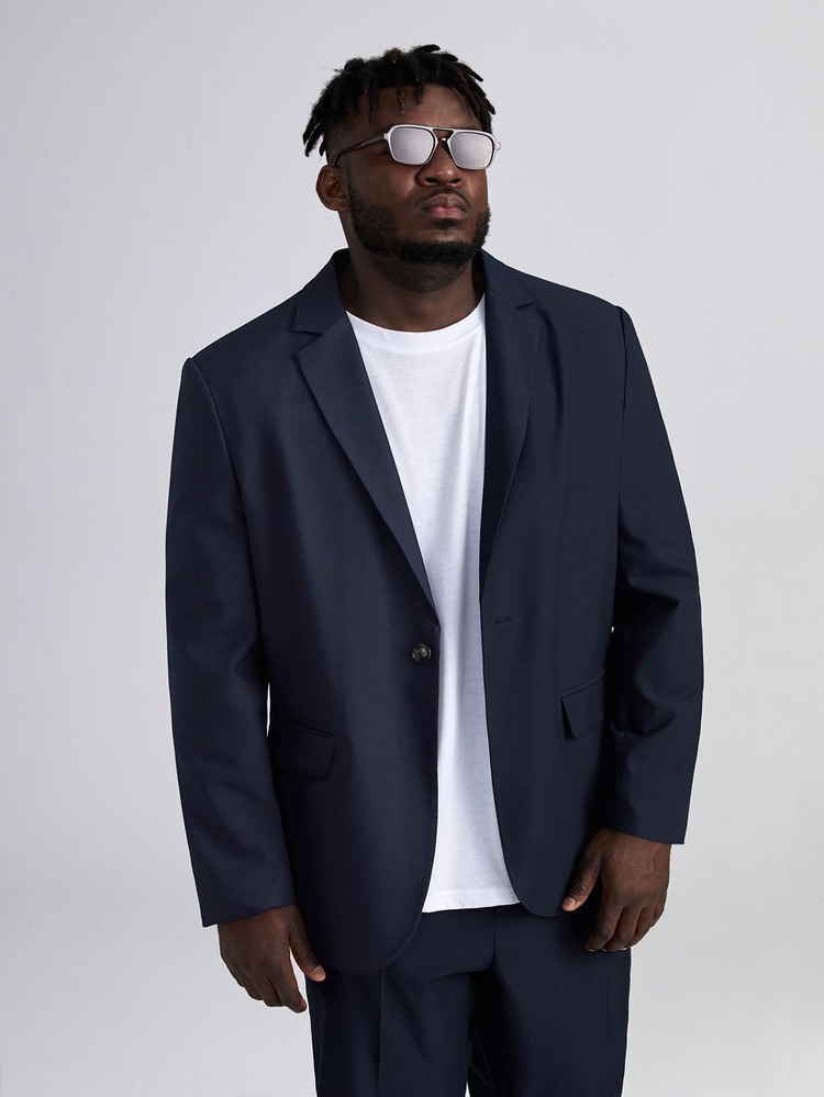 EASEVO Men Plus Lapel Neck Flap Detail Blazer - Navy Blue - View 6