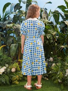 SHEIN 女孩雙色格子和印花娃娃領泡泡袖T恤和裙子