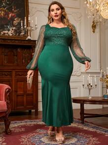 Modelyn Plus Gold Print Contrast Mesh Lantern Sleeve Mermaid Hem Dress - Dark Green - View 2