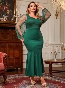 Modelyn Plus Gold Print Contrast Mesh Lantern Sleeve Mermaid Hem Dress - Dark Green - View 3