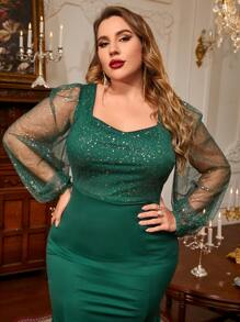 Modelyn Plus Gold Print Contrast Mesh Lantern Sleeve Mermaid Hem Dress - Dark Green - View 5